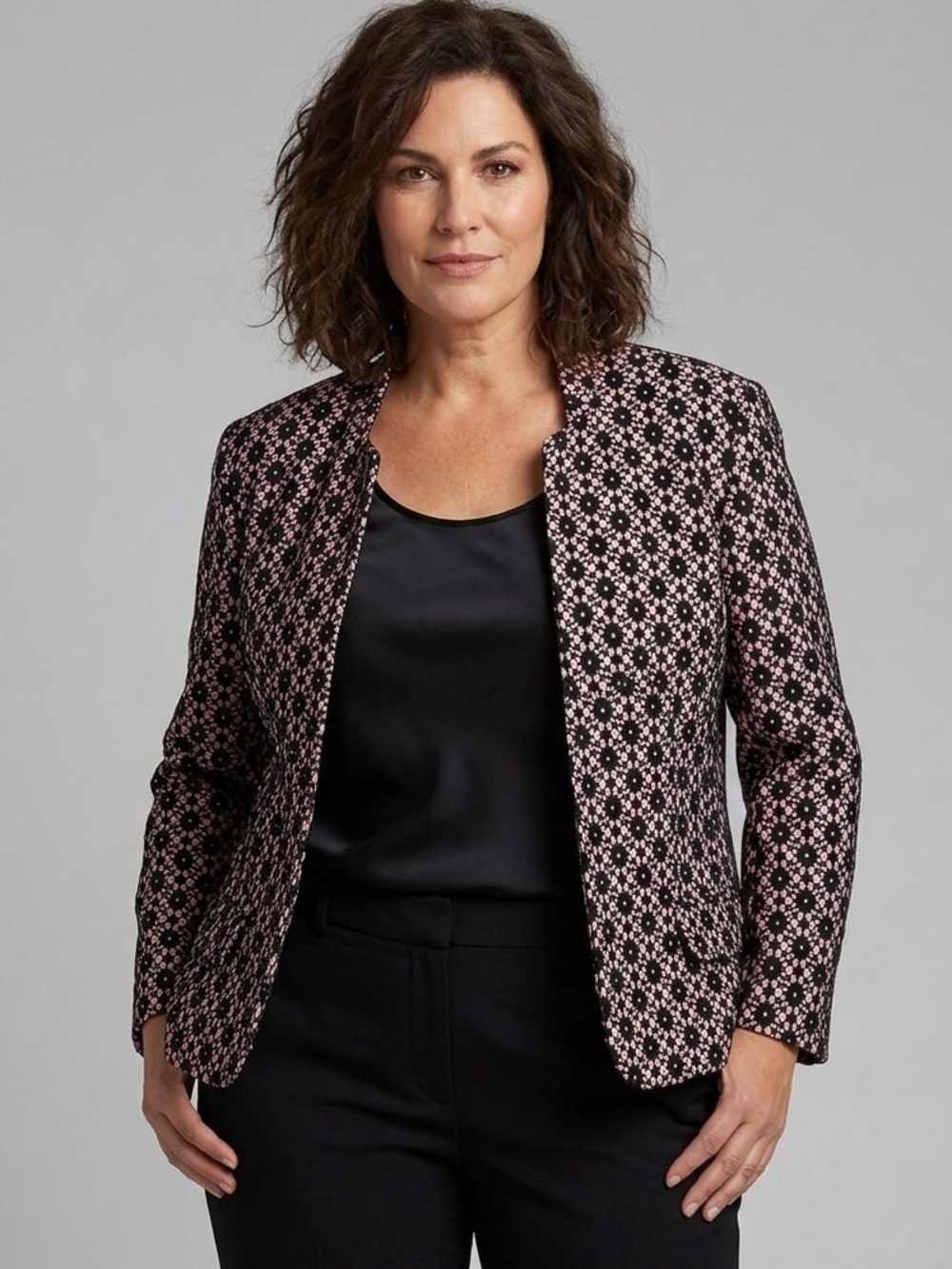 Nipon Boutique Pink and Black Patterned Collarless Blazer, Women’s Plus Size 14